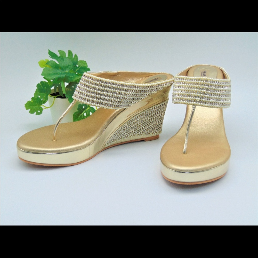 Wedding sandals gold wedge beaded